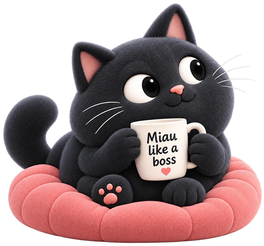 Mia, die FATCAT-Katze, sitzt entspannt auf einem Kissen und hält eine Tasse mit der Aufschrift „Miau like a boss“