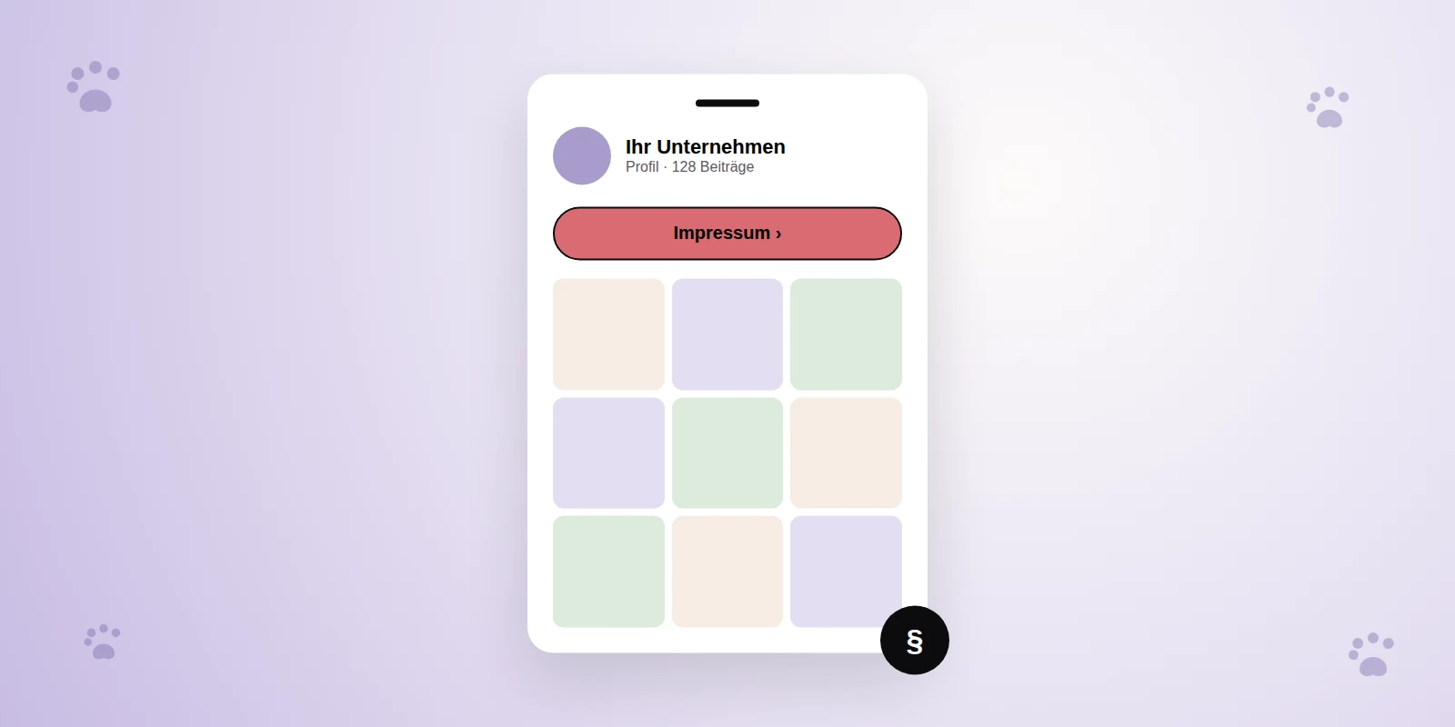 Illustration: Smartphone mit Unternehmensprofil und hervorgehobenem Impressum-Link, daneben ein Paragrafen-Symbol